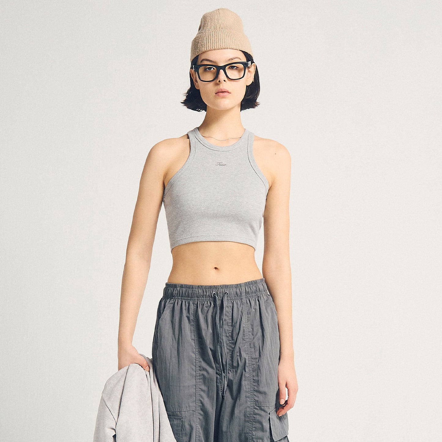 Signature Ribbed Cropped Tank Grey