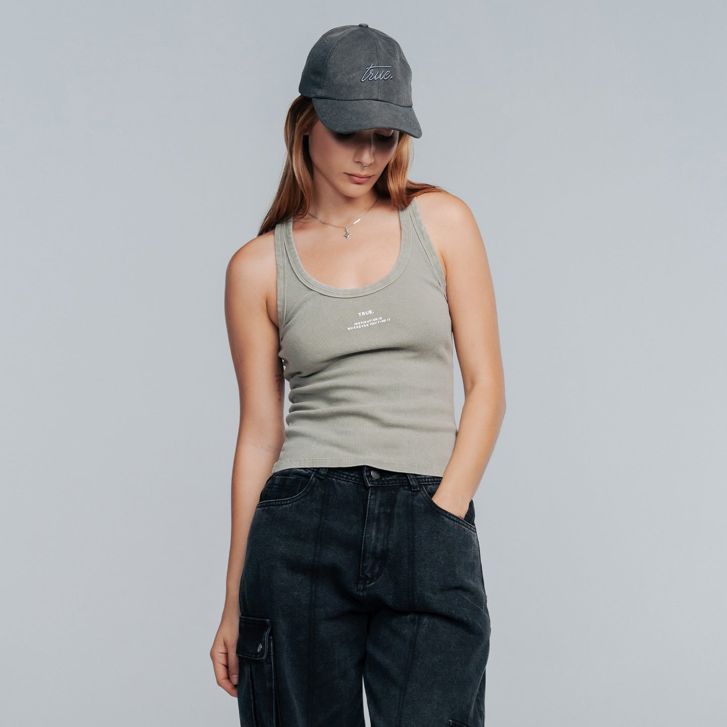 Washed Ribbed Tank Top Light Grey